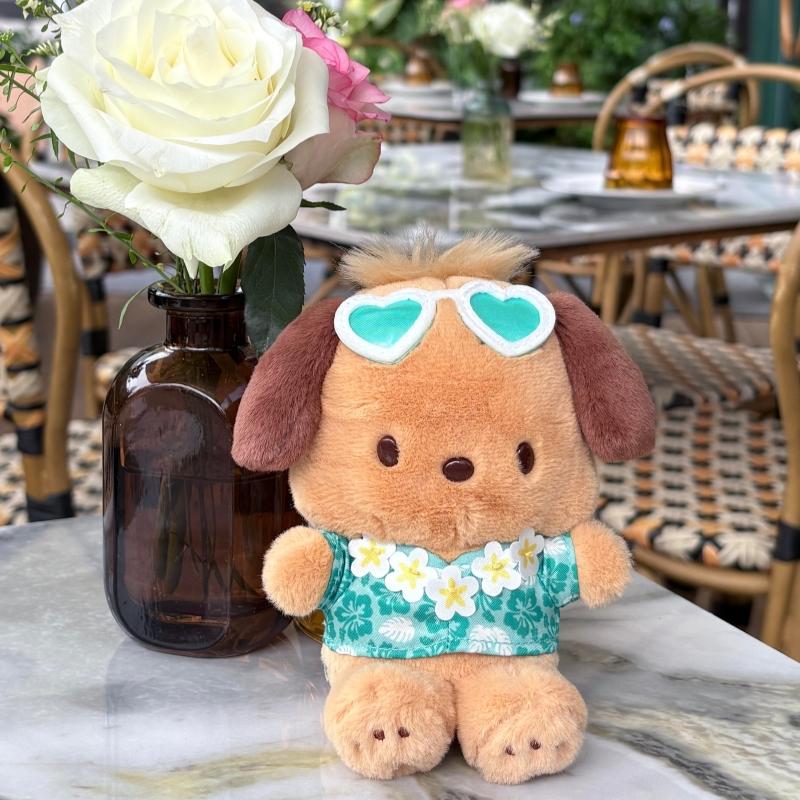 Cartoon Sanrio Plush Keychain Kitty Hawaii Beach Stuffed Doll My Melody Island Sunbath Cinnamoroll Keyring Pochacco Kawaii Gifts