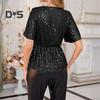 Women Sequin Tops V-Neck Ruffle Sleeves Glitter Blouses Waist Tight Elastic Hem Evening Cocktail Shiny Tops