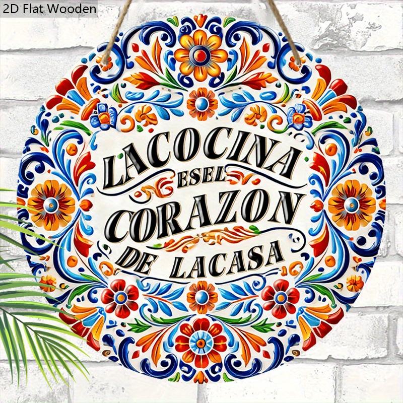 2D Flat Gorgeous Lacocina Round Wooden Sign, Charming Decorative Plaque with Flowers Pattern Design, Ideal for Outdoor, Lawn, Home Decor