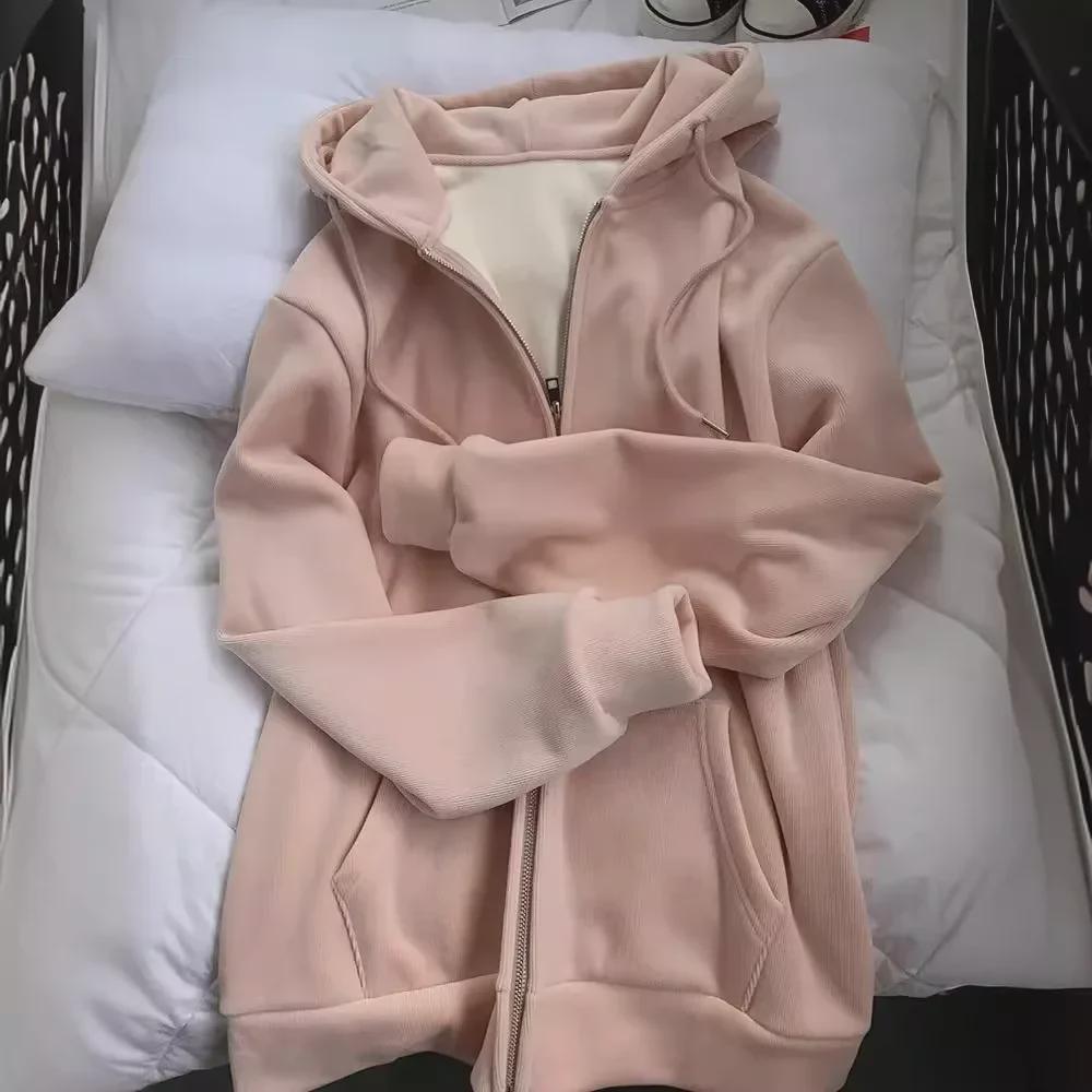 Женская плюшевая утолщенная розовая толстовка с капюшоном - повседневная куртка с длинными рукавами в корейском стиле на молнии для осени и зимы