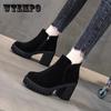 Женские плюшевые ботильоны на толстом каблуке, осенне-зимние черные универсальные короткие ботинки большого размера на высоком каблуке