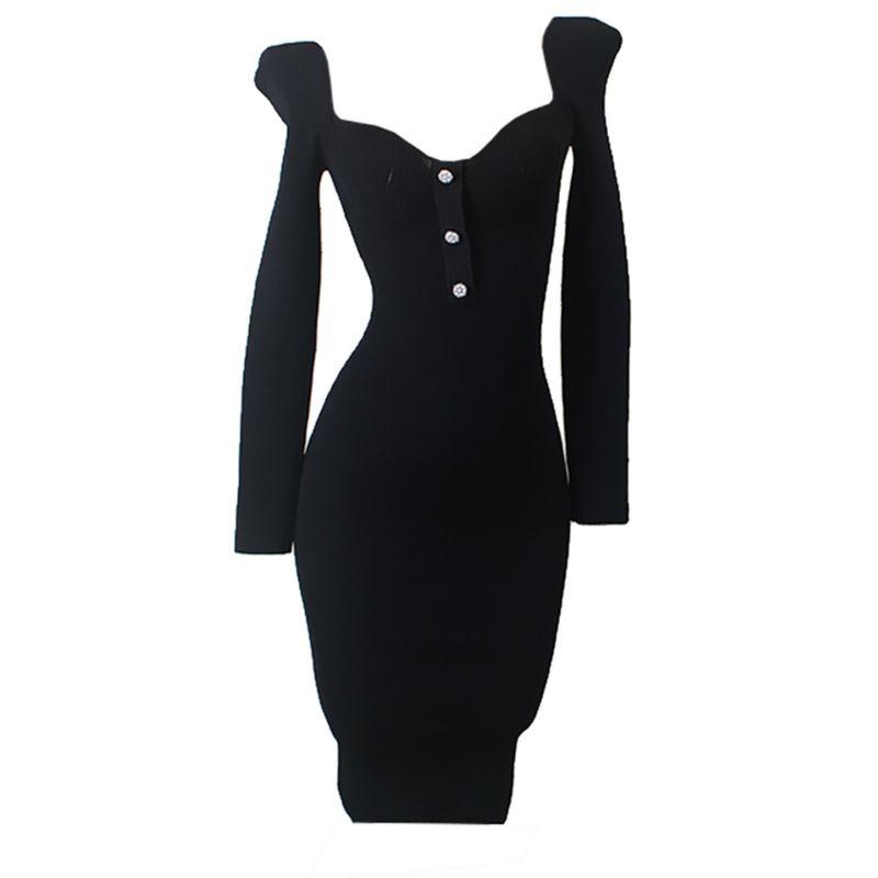 Classy French Sweet Silm Sexy Peach Collar Dress Foreign Trade Original Order Autumn Black Long Sleeves Bodycon Dress