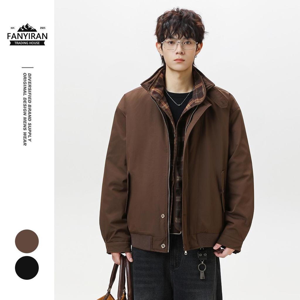 ACE Retro Faux Two-Piece Harrington Jacket: Unisex Loose Cotton Barn-Style Coat HY8555