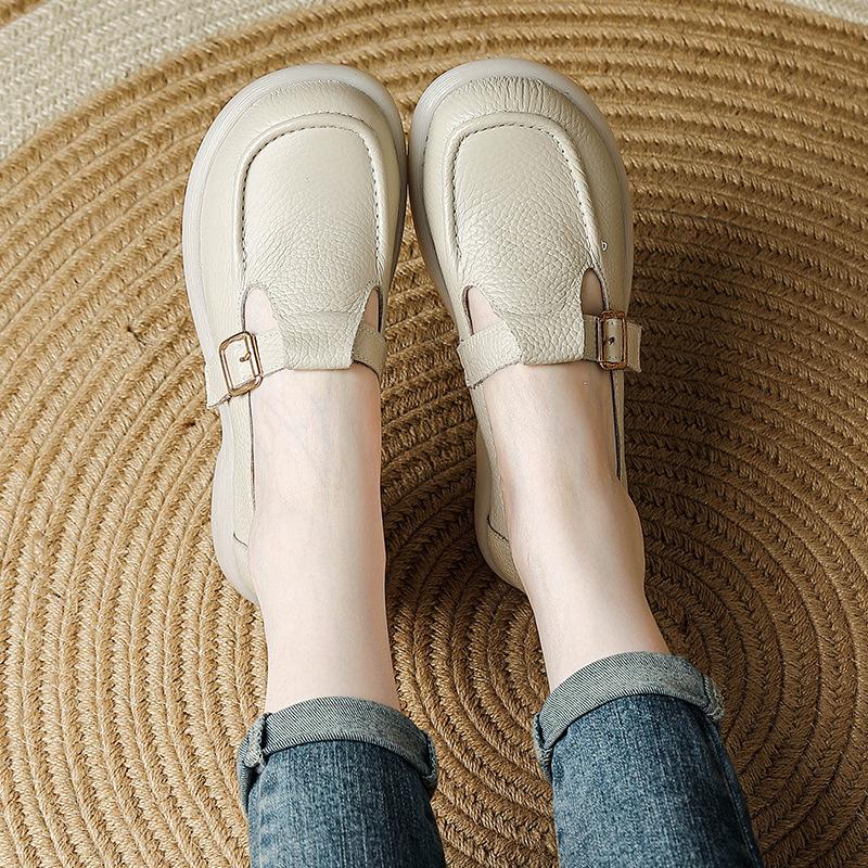 Модные новые балетки с пряжкой из натуральной кожи, женские мокасины с Т-образным ремешком, школьная обувь для студенток, балетки для офиса, женские лаконичные лоферы
