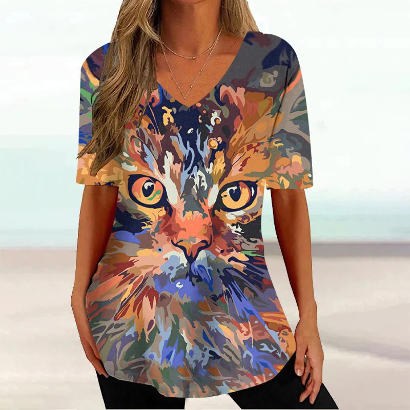 2023 модная женская одежда, топы с короткими рукавами и 3d цветным принтом кошки, повседневные уличные пуловеры, летние женские футболки больших размеров
