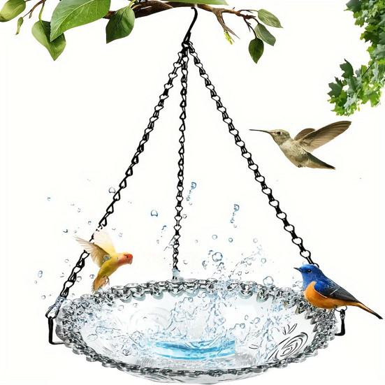 Heavy-Duty Outdoor Bird Bath Water Feeder with Rust-Proof Black Chains Hanging Bird Bath Hummingbird Feeder