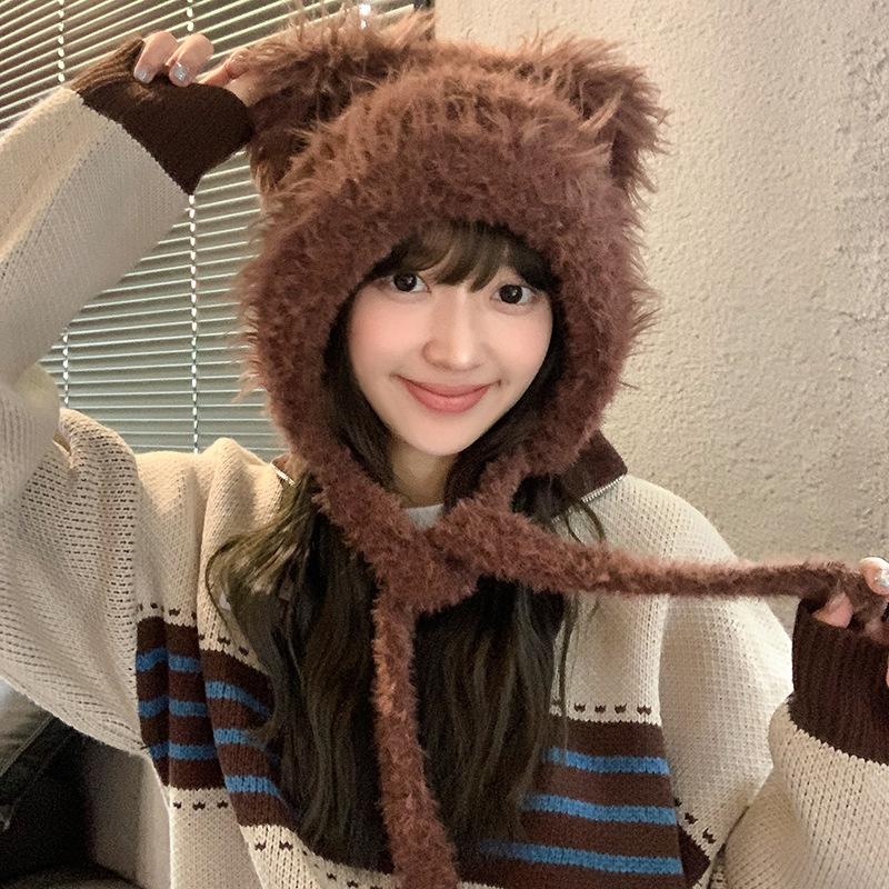 Зимняя мультяшная милая плюшевая шапка с медвежонком корейского выпуска, теплая шапка для девочек с изображением лица, маленькая шапка Баотоу с капюшоном