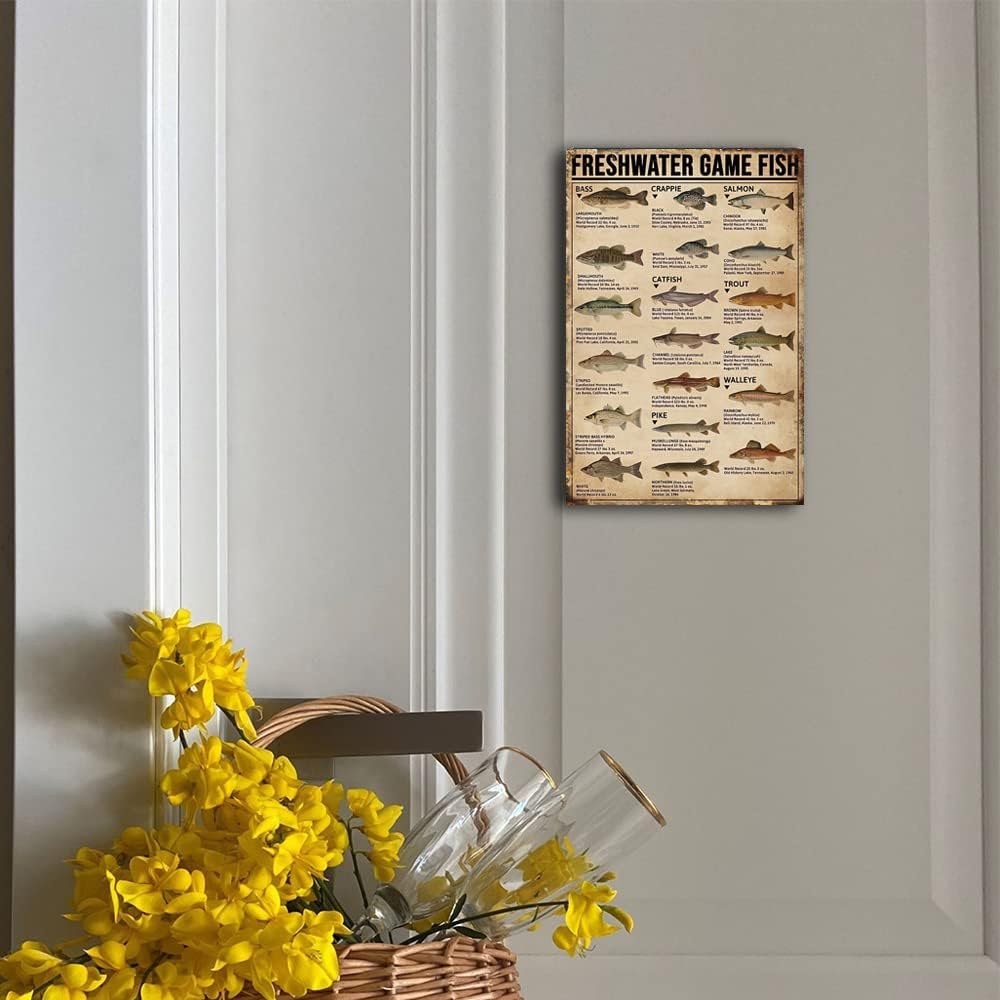 Cusde Freshwater Game Fish Tin Sign Vintage Retro Decor Signs Wall Decorations Wall Art Poster Plaques for Home Farm Store Garage Club Bar Kitchen