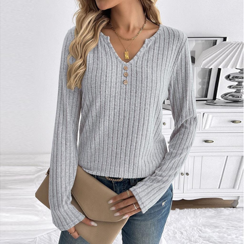 Повседневный трикотажный повседневный полосатый новый топ с V-образным вырезом и длинными рукавами на пуговицах для женщин