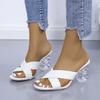 European and American High Heeled Women's Sandals 2024 Summer New Woven Design with Anti Slip Open Toe Transparent Slippers