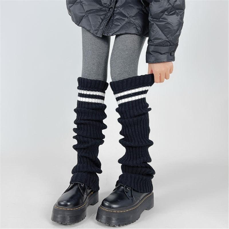 Women Thicken Ribbed Knit Leg Warmer Preppy Style Double Striped Leg Covers Snow Boot Cuffs Over Knee Stacked Long Socks