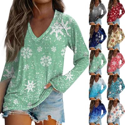 Женская повседневная мода снежинка напечатанный винтажный повседневный принт длинный рукав V-образный вырез пуловер топ блузка