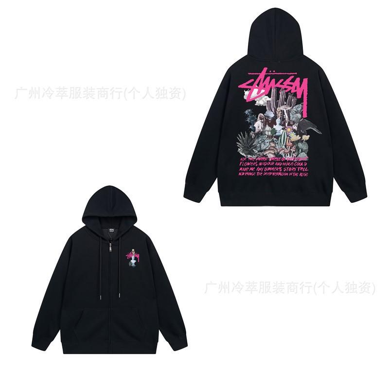 Unisex Hooded Zip-Up Fleece-Lined Sweatshirt With Letter Print Loose Fit Cotton Long Sleeve Men Women