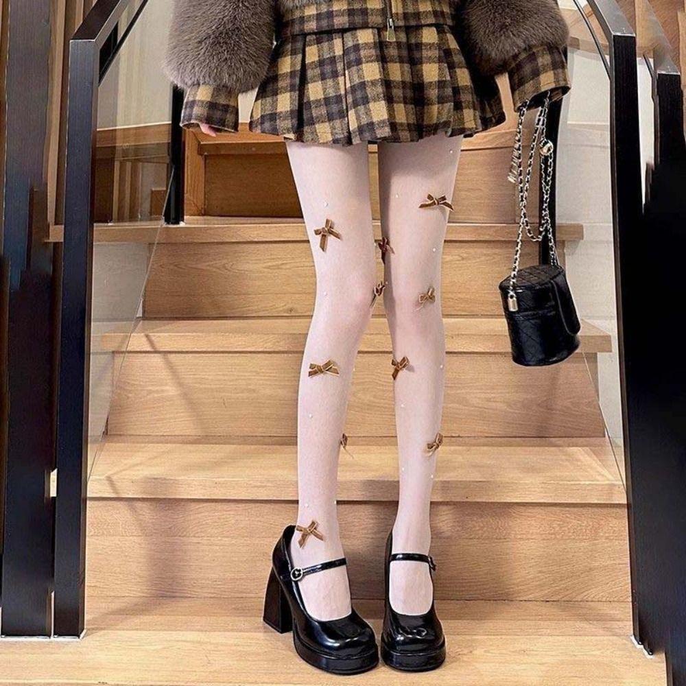 Прозрачные колготки с бантиком и жемчугом, сетчатые леггинсы, женские, в японском стиле JK, Лолита, колготки для дам