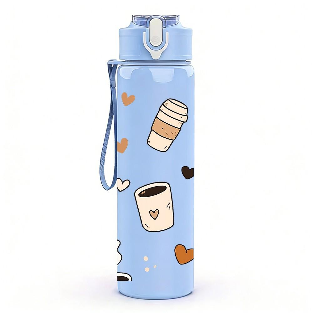 1PC Coffee Cup Cookie Bread Food Print 750ml Color Plastic Sports Water Bottle Leakproof Flip Straw Lid Suitable for Sports Office Home Use