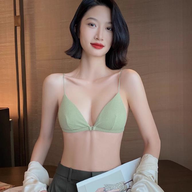 Женский сексуальный французский комплект бюстгальтера с треугольными чашками и передней застежкой, на тонких бретелях, с красивым дизайном спины