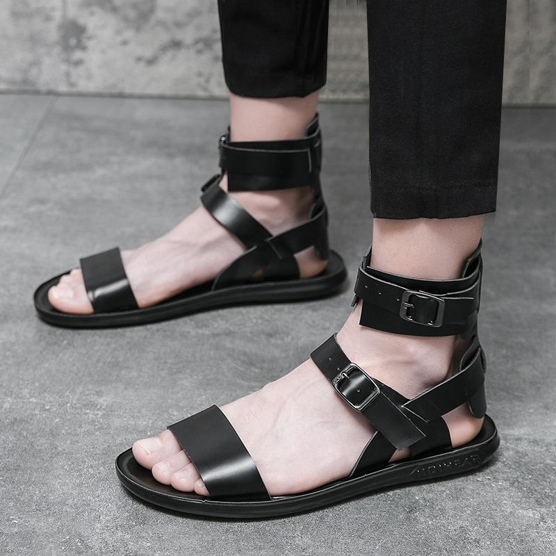 Fashion Summer New Men Gladiators High Tops Belt PU Leather Casual Shoes Breathable Beach Sandals Outdoor Slippers Black White Plus Size