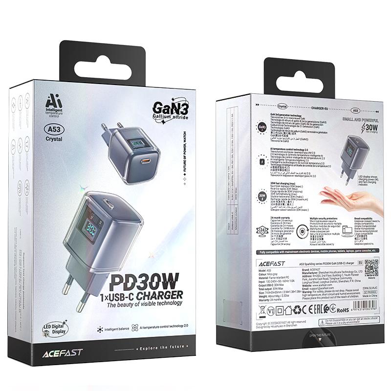 PD 30W GaN3 USB-C Wall Charger with Display Gray