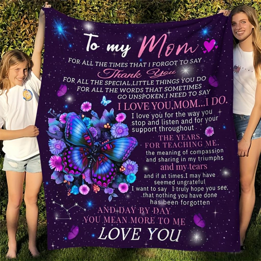 To My Mom Flannel Blanket Purple Butterfly Text Printed for Kids Bedroom Decoration Warm Soft Comfertable Blanket for Sofa Chair