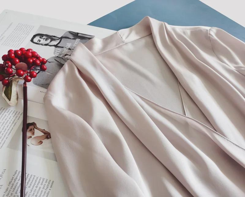 Clearance Women's V-Neck Long-Sleeve Silk Shirt - Fashionable Cream Pink with Swing Collar