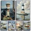 Vintage Ship Captain Seagull Fishing Boat Lighthouse Seascape Nautical Poster Canvas Painting Wall Art Picture Home Decor