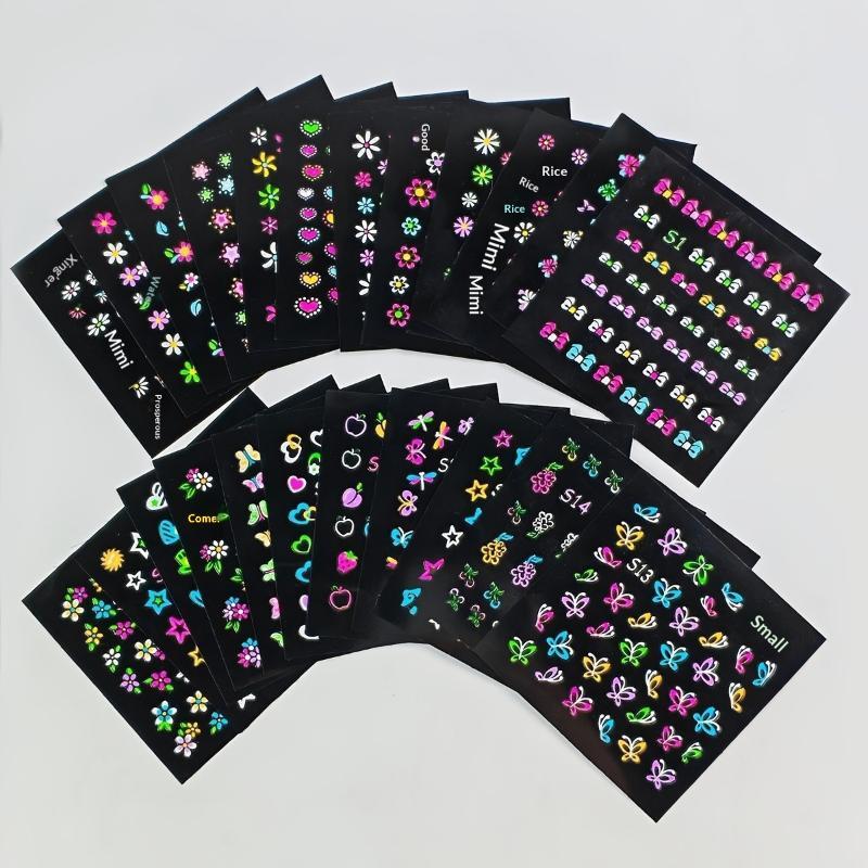 30 Sheets/Set 3D Glow In The Dark Neon Nail Stickers Glittery Glossy Self-Adhesive Nail Decorations With Butterfly Love Heart