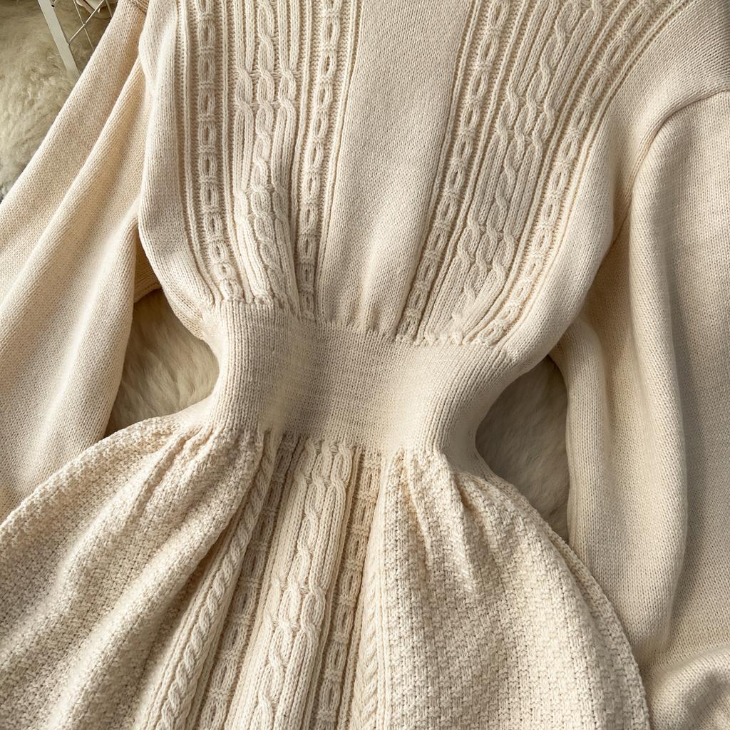 French New Loose Casual Knit Long Dress Women Solid Elastic Waist Lantern Sleeve O Neck Ladies Fashion Winter Sweater Dresses