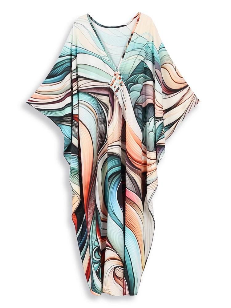 EDOLYNSA Сексуальное черное платье-кафтан большого размера с V-образным вырезом и рукавами «летучая мышь» для пляжа 2024 года, летняя пляжная одежда для отдыха, купальный костюм, накидка