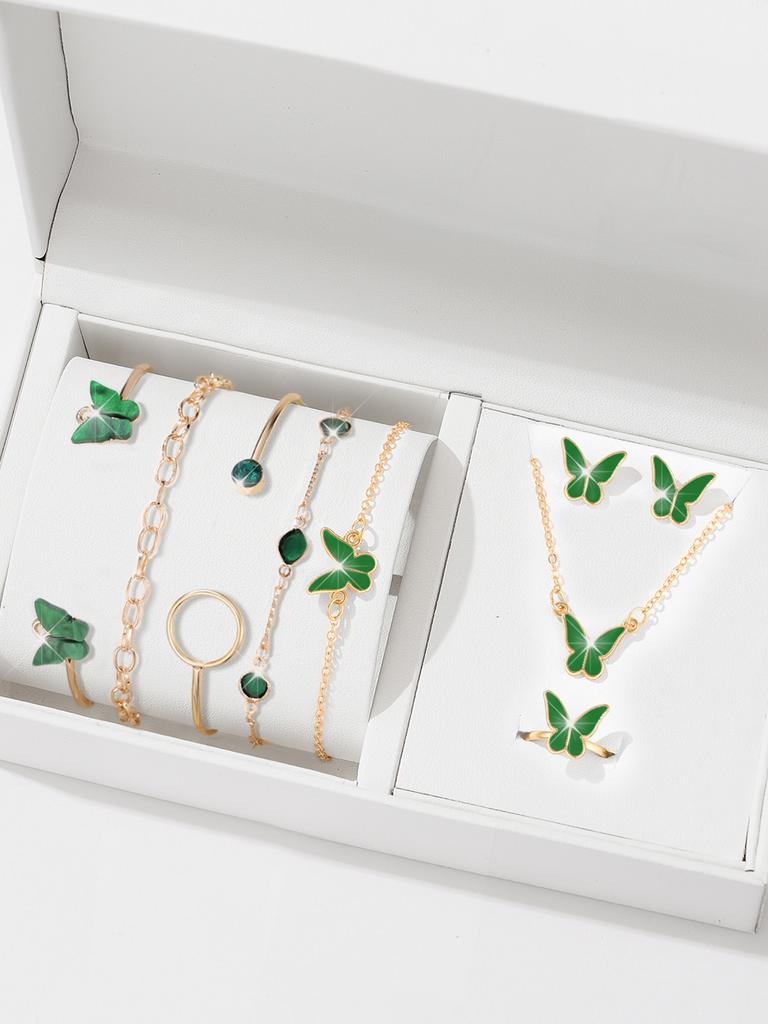 9pcs Women's Zircon Set, Luxury Ladies Fashion Casual Butterfly Bracelets, Necklace, Earrings, Ring Zircon Set, Suitable for D