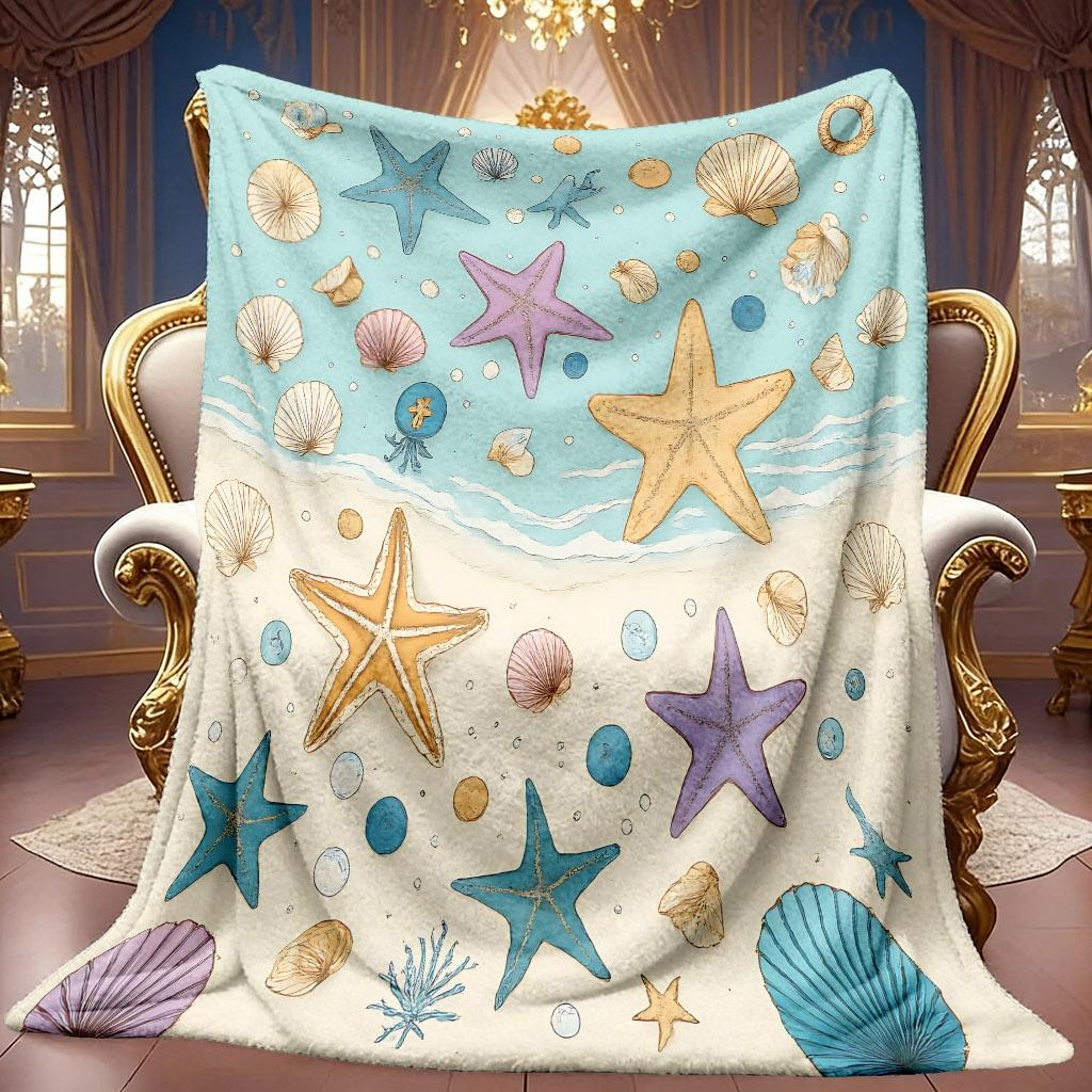 A 2D Ocean Starfish and Seashell Themed Flannel Blanket, Featuring Soft High-definition Digital Printing, Suitable as a Cooling Blanket for Year-round