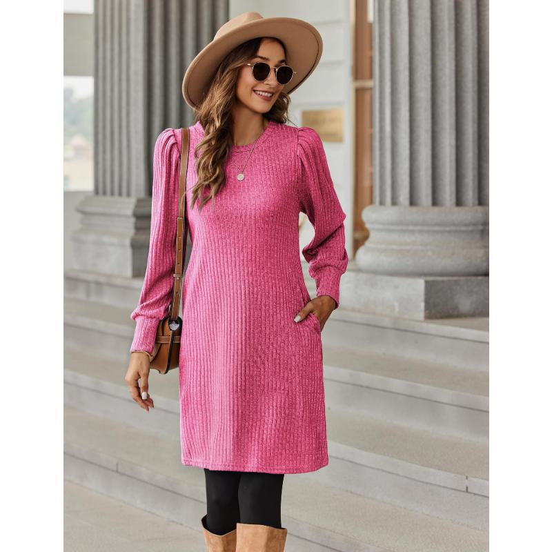 Женское платье с длинным рукавом-фонариком, повседневное трикотажное платье с круглым вырезом длиной до колена