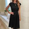 Women's Summer Round Neck Tie Solid Color Pleated  Dresses
