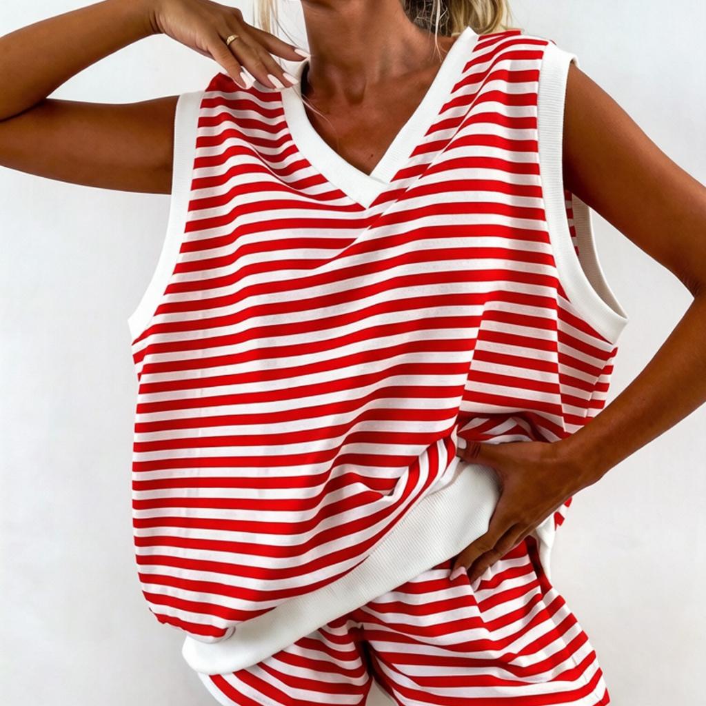 European and American style ins striped home pajamas pajama pants set women's V multi-color sleeveless vest shorts casual wear