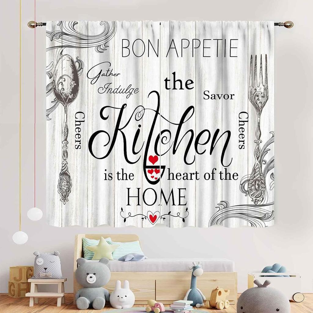 Retro Tableware Kitchen Text Curtain Panels,Distressed Wood Fork Spoon Sweet Home Slogan Full Print Drapes For Bakery Cafe Decor