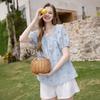 Fragrant Shadow Blue Hollow Embroidery Shirt Women's 2026 Summer New Style Bubble Sleeve French Doll Shirt Loose Thin Top