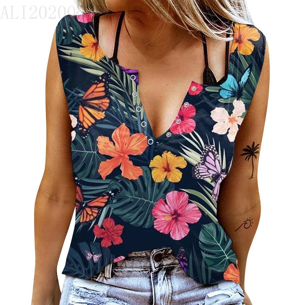 Women Tanks Sexy V Neck Sleeveless Summer Tops Vest 3D Print Beautiful Flowers Tops