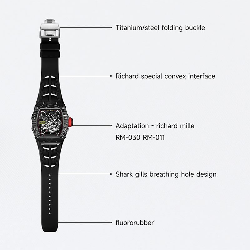 Стальная головка FKM Резиновый ремешок для часов Richard Miller RM055 RM030 RM35-01 RM35-02 RM35-03 Мягкий фторкаучуковый ремешок Аксессуары