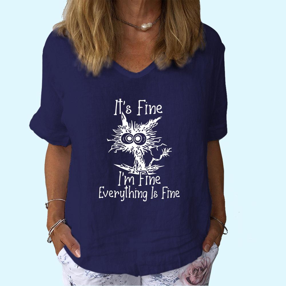 Women Fashion V Neck T-shirt Casual Cotton Linen Short Sleeve Top Ladies Pullover Print Blouse