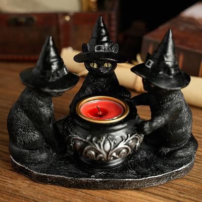 Хэллоуин Подсвечник Черные Коты Готический Полимерный Кот в Шляпе Ведьмы Статуэтка Чайный