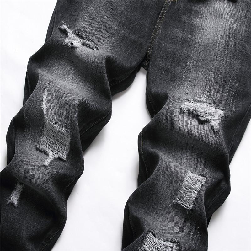 2024 европейские и американские модные черные джинсы со средней талией, неэластичные, с несколькими отверстиями, повседневные прямые брюки