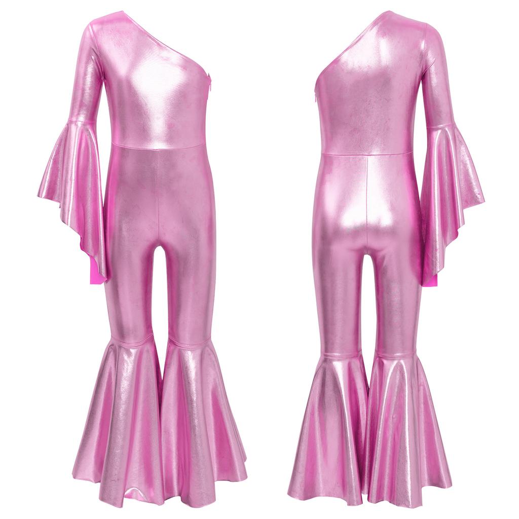 Kids Girls Romper Shiny Metallic One Shoulder Flare Sleeve Bodysuit Dance Jumpsuit Gymnastics Figure Skating Dance Wear