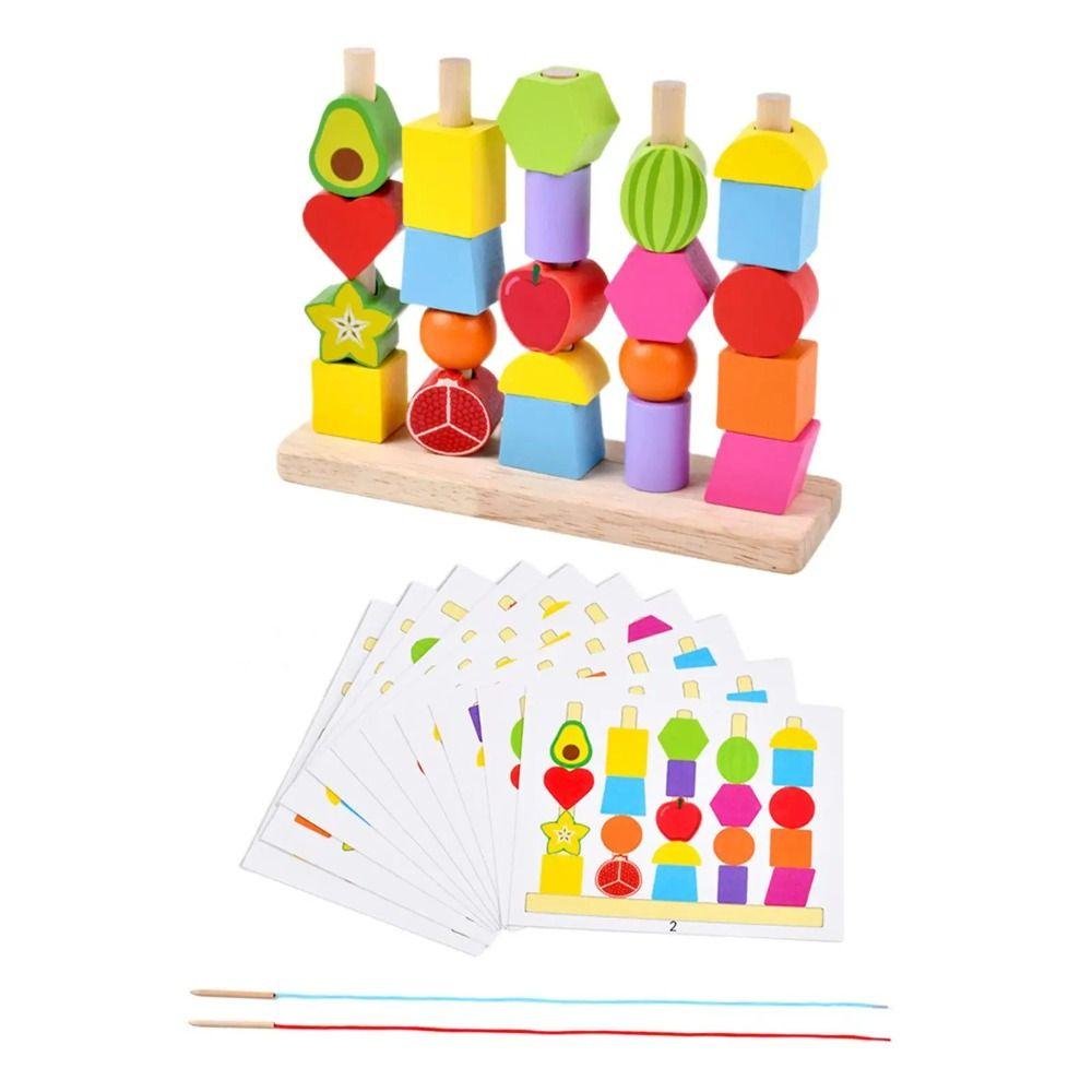 Montessori Color Shape Cognition Toys Fruit Color Shape Wooden Beads Sequencing Toy Boys Girls