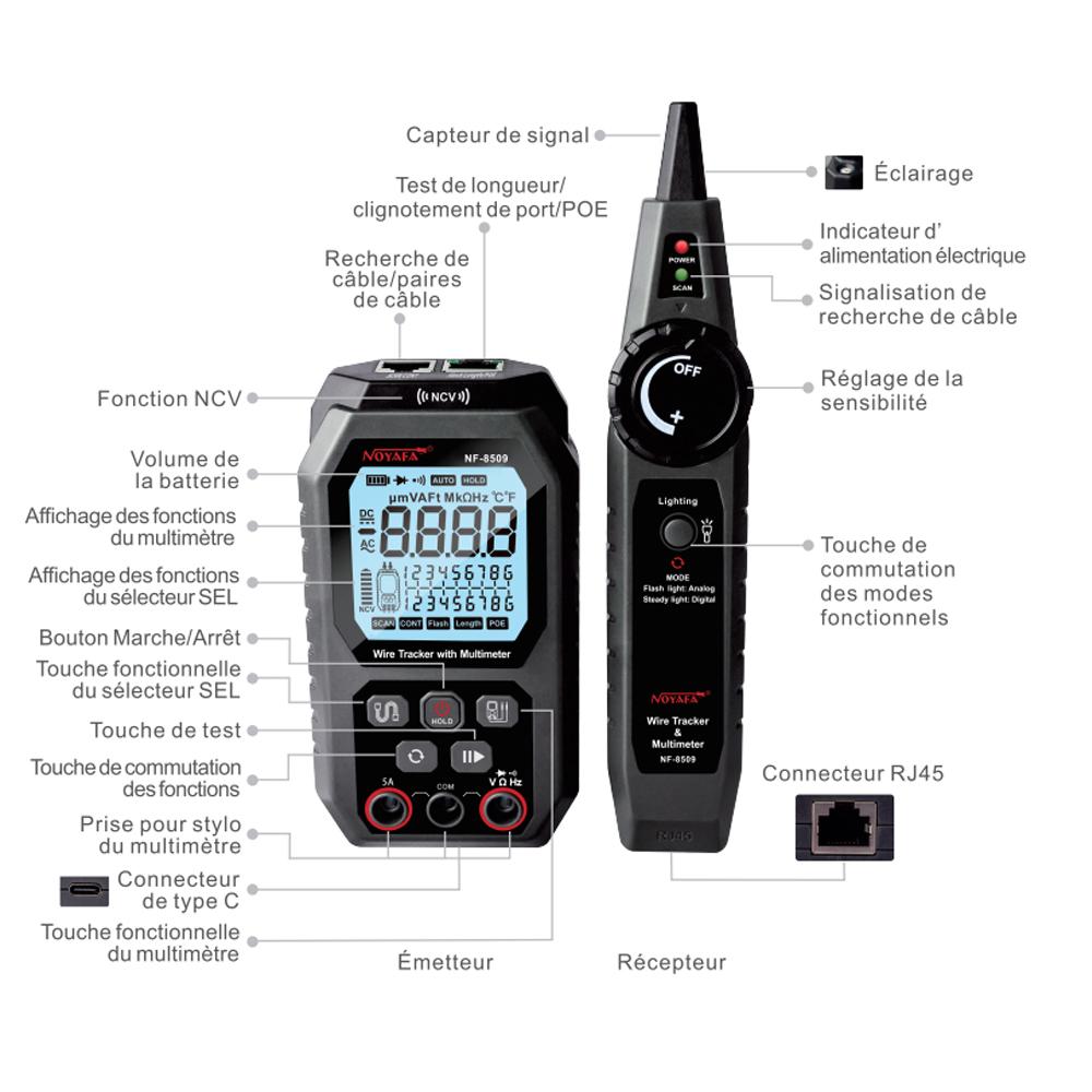 NOYAFA NF-8509 2 In 1 Network Cable Tester Multimeter Line Finder for POE Test NCV AC DC Cat5 Cat6  Voltmeter Ethernet Wire Tracker