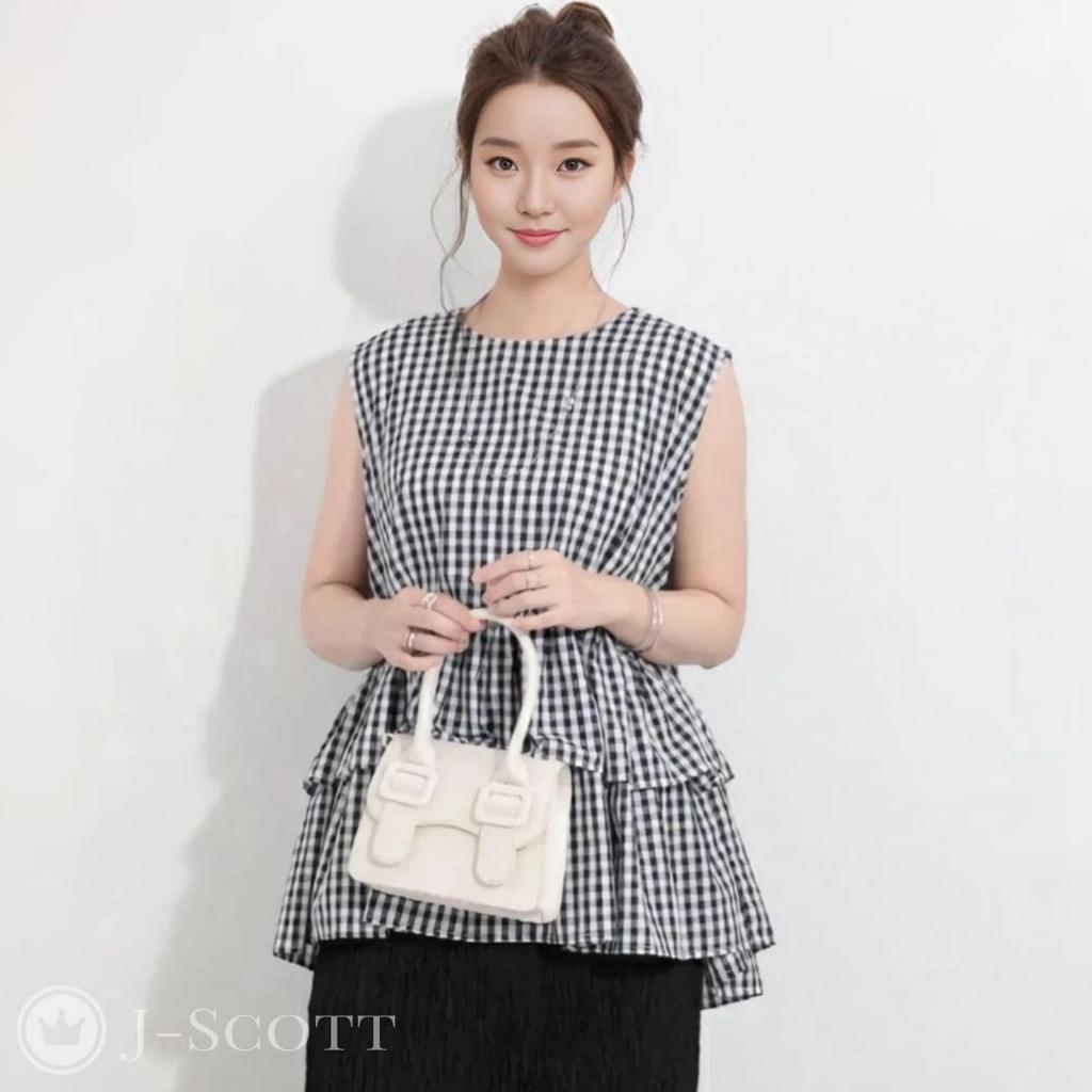 Tiered Ruffled Round Feminine J-Scott Women's Blouse, Sleeveless, Tunic, Neck, Check, JS152-CH-M