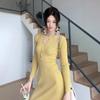 Желтое трикотажное платье с длинным рукавом женское весеннее темпераментное приталенное внутреннее длинное платье эластичная талия облегающая юбка-карандаш