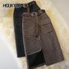 Female Woolen Plaid Skirts 2Color S-XXL High Waist Pocket Mid-length Korean One-step Plus Size Skirt