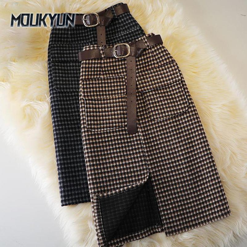 Женские шерстяные клетчатые юбки 2 цвета S-XXL с высокой талией и карманами средней длины в корейском стиле с одним шагом, юбка больших размеров