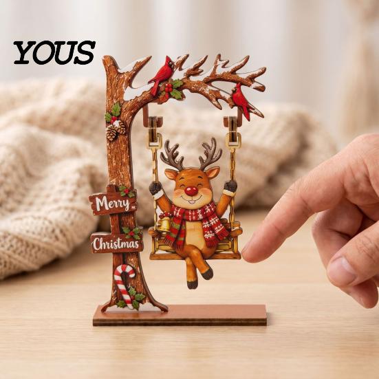 Winter Holiday Home Decor Christmas Wooden Ornaments, Santa Snowman Figurine with Moving Bookshelf Decorations Swing, Rustic Tabletop Centerpiece for