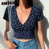 GMXIA Pure Desire Винтажная футболка с V-образным вырезом и бретелькой через шею Женская летняя футболка с цветочным принтом Женская