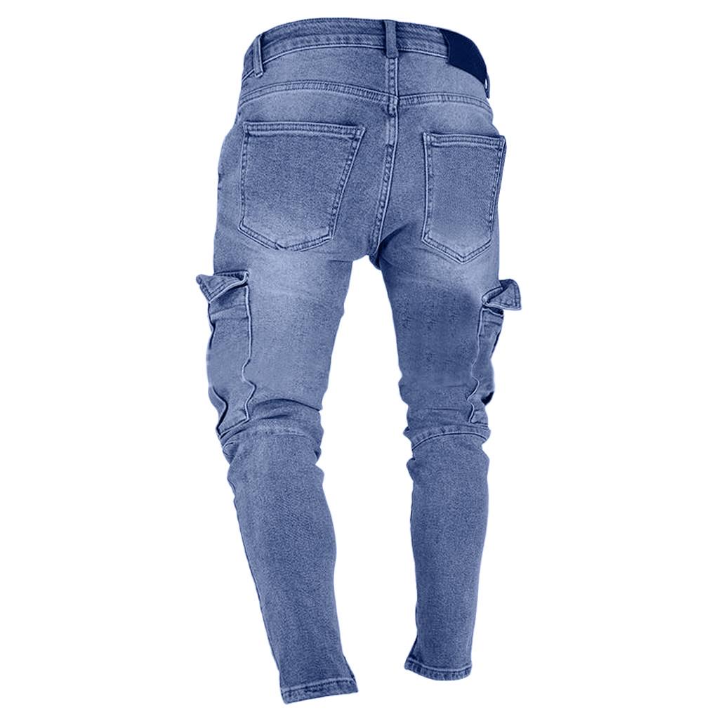 MakeWishes Denimi Мужские модные повседневные брюки на молнии с карманами Slim Fit из растрепанных джинсовых длинных джинсовых брюк